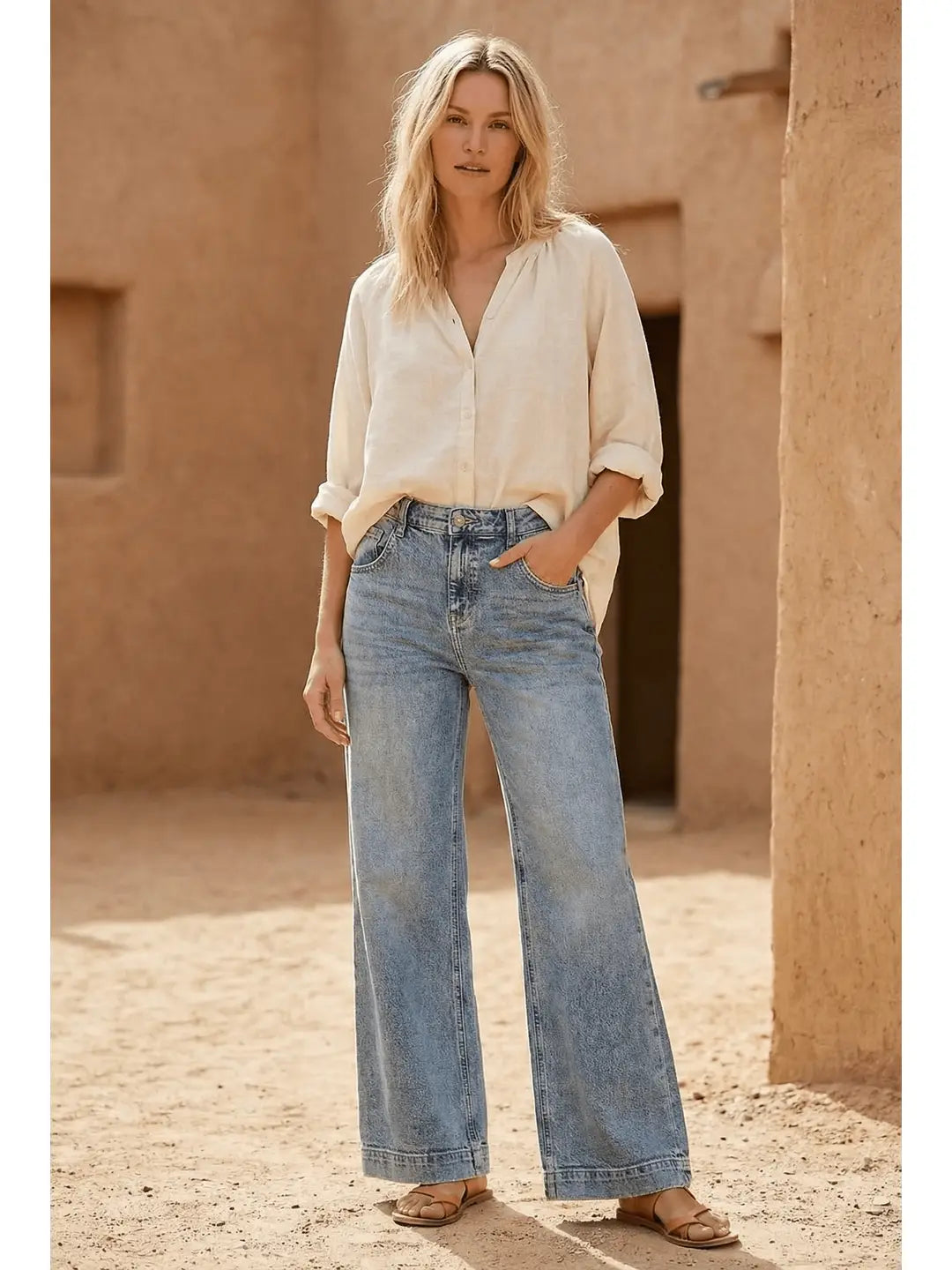 Adjustable Waistband High Rise Baggy Wide Jeans - P's One-Stop Shop 