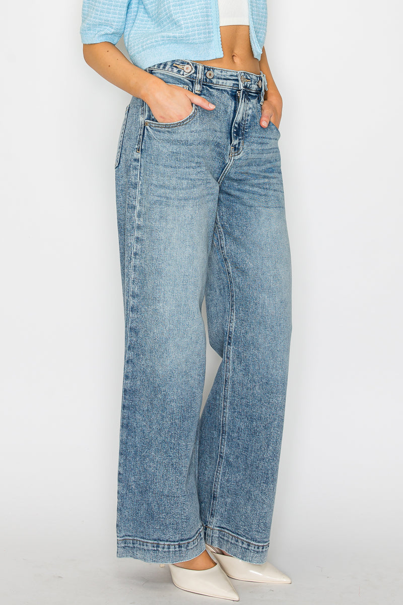 Adjustable Waistband High Rise Baggy Wide Jeans - P's One-Stop Shop 