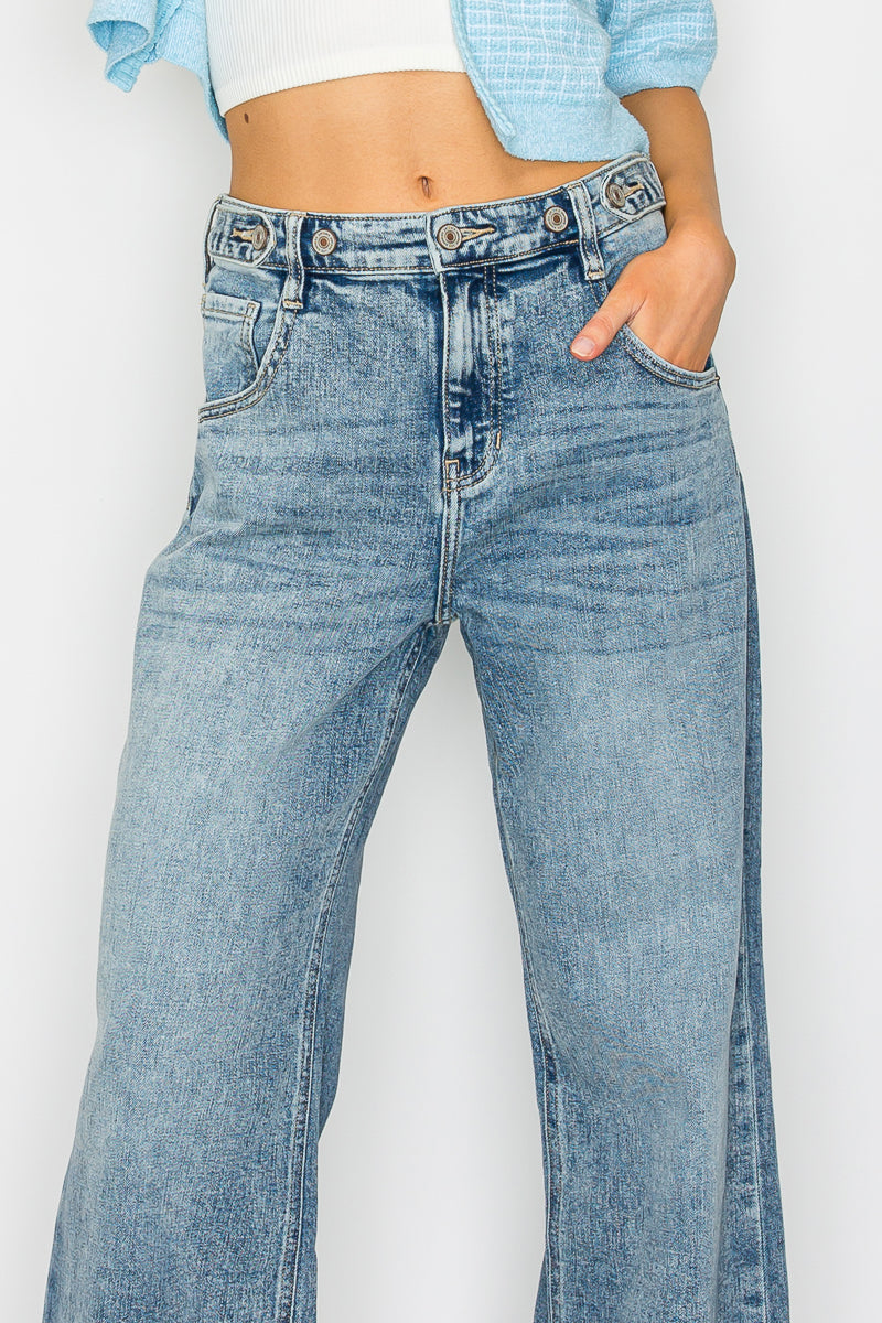 Adjustable Waistband High Rise Baggy Wide Jeans - P's One-Stop Shop 