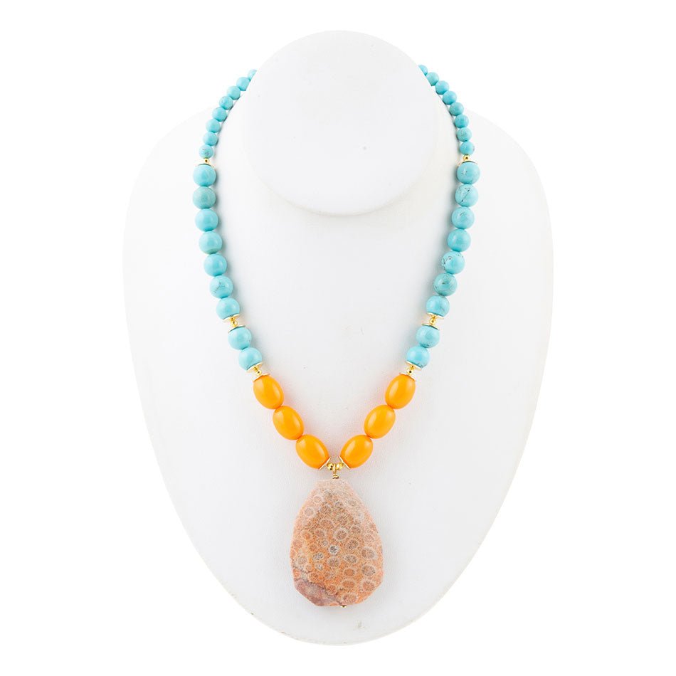 Apricot Fossil Blue Magnesite Golden Pendant Necklace - P's One-Stop Shop 