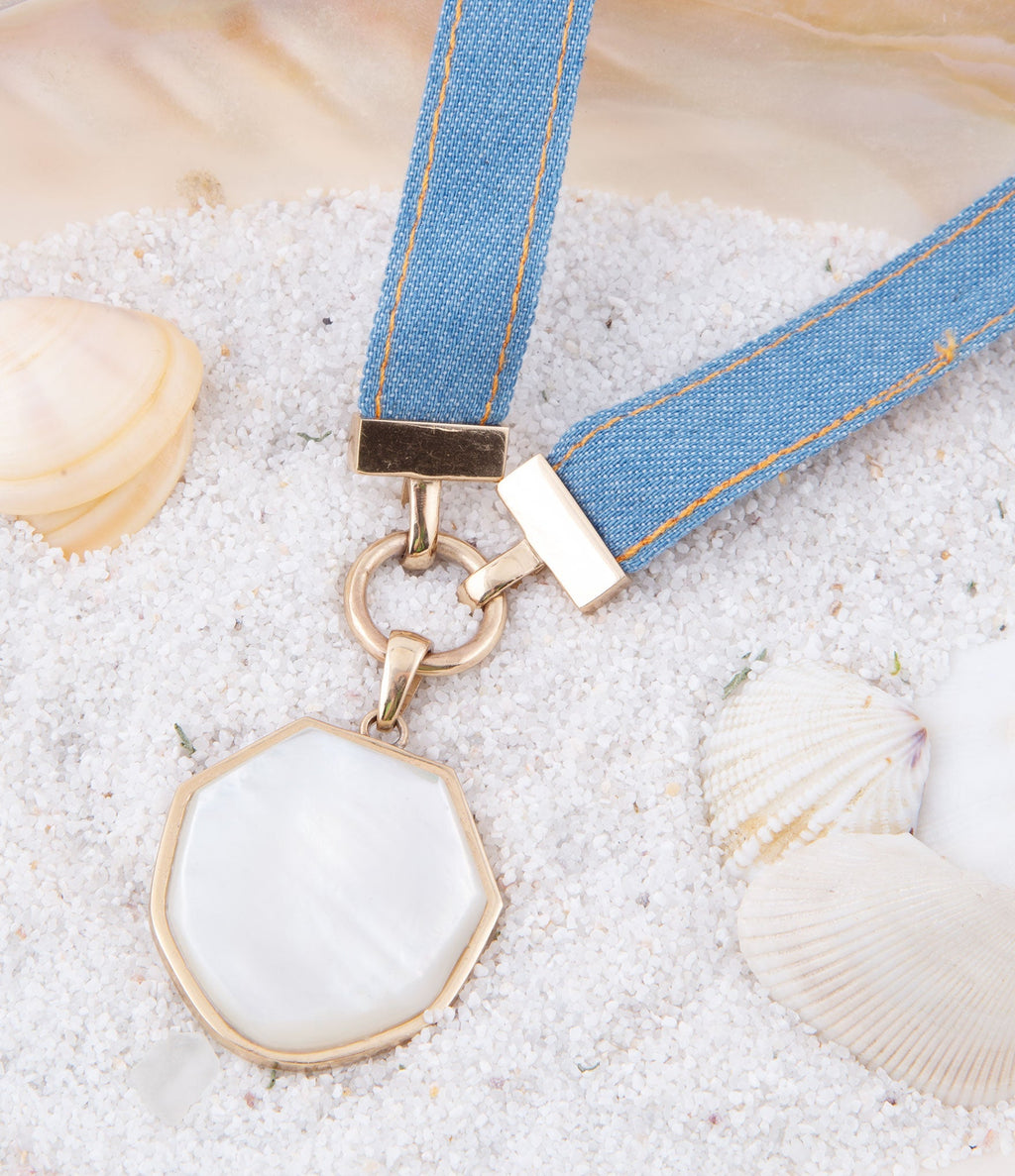 Blue Denim Dreams White Mother of Pearl Ribbon Golden Pendant Necklace - P's One-Stop Shop 