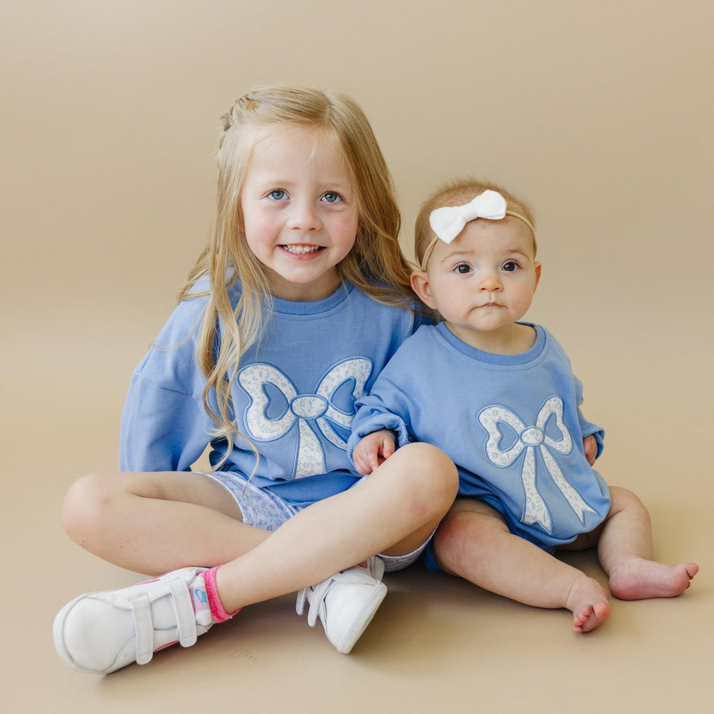 Blue Toile Applique Bow: Baby Sweatshirt Romper or Crewneck - P's One-Stop Shop 