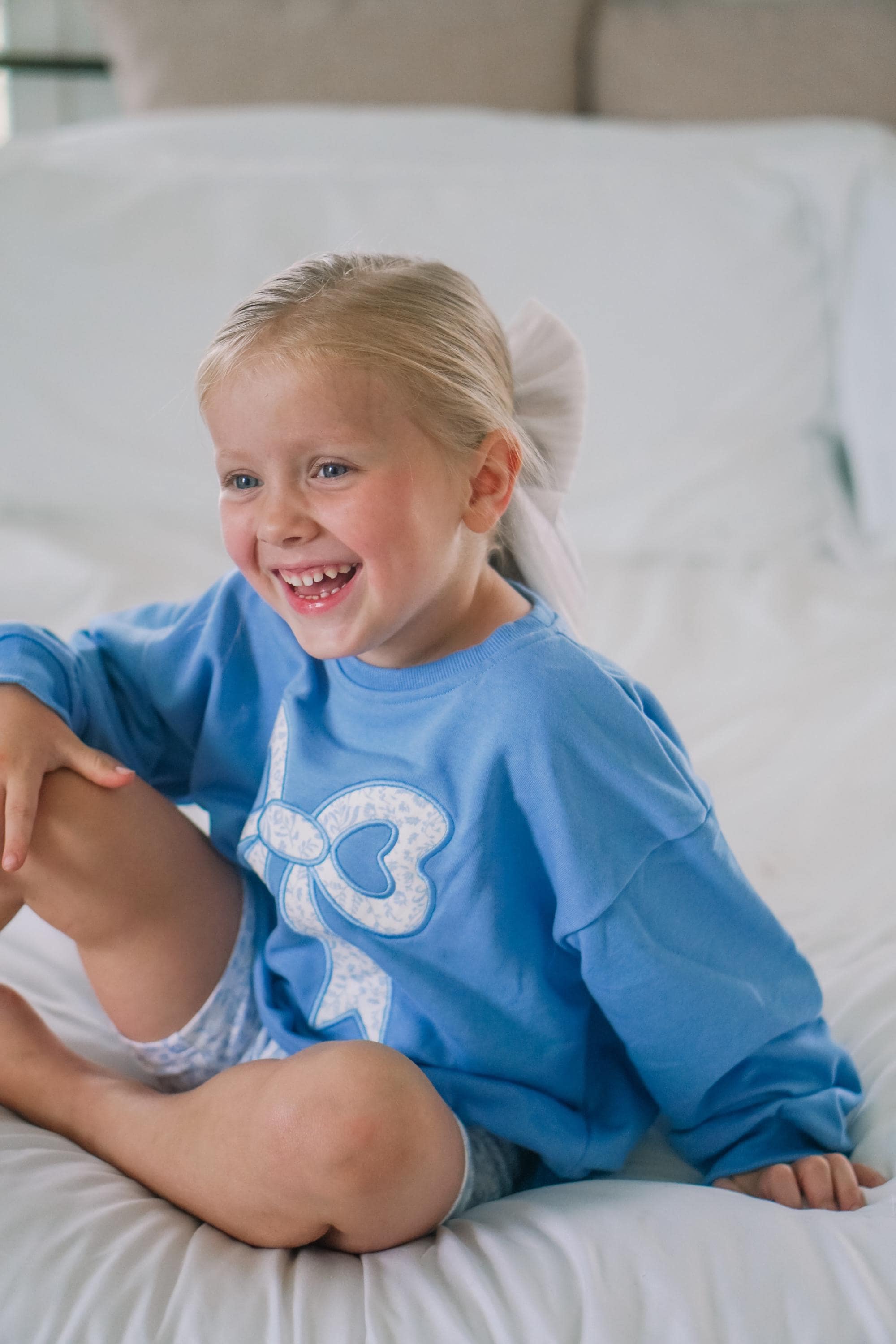 Blue Toile Applique Bow: Baby Sweatshirt Romper or Crewneck - P's One-Stop Shop 