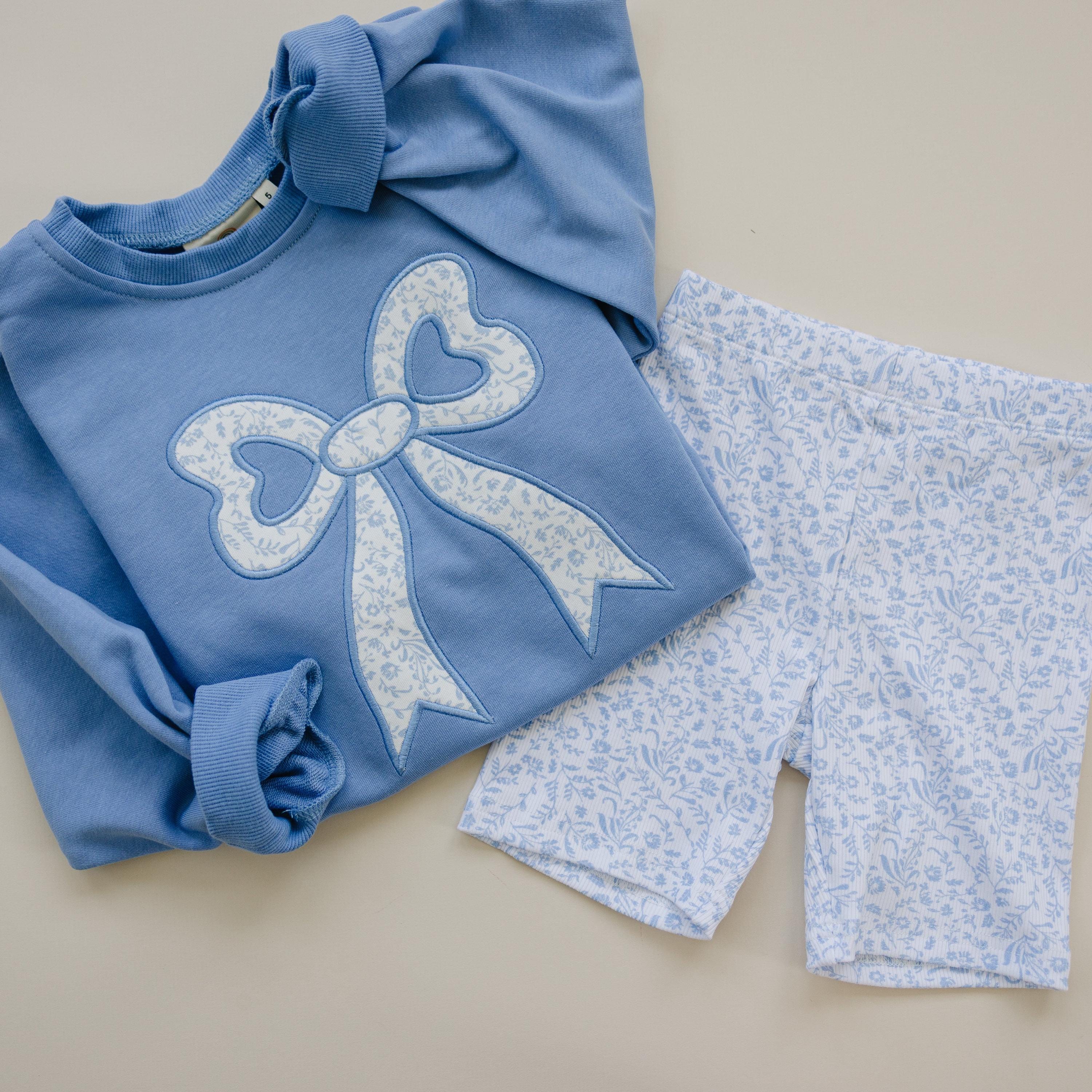 Blue Toile Applique Bow: Baby Sweatshirt Romper or Crewneck - P's One-Stop Shop 