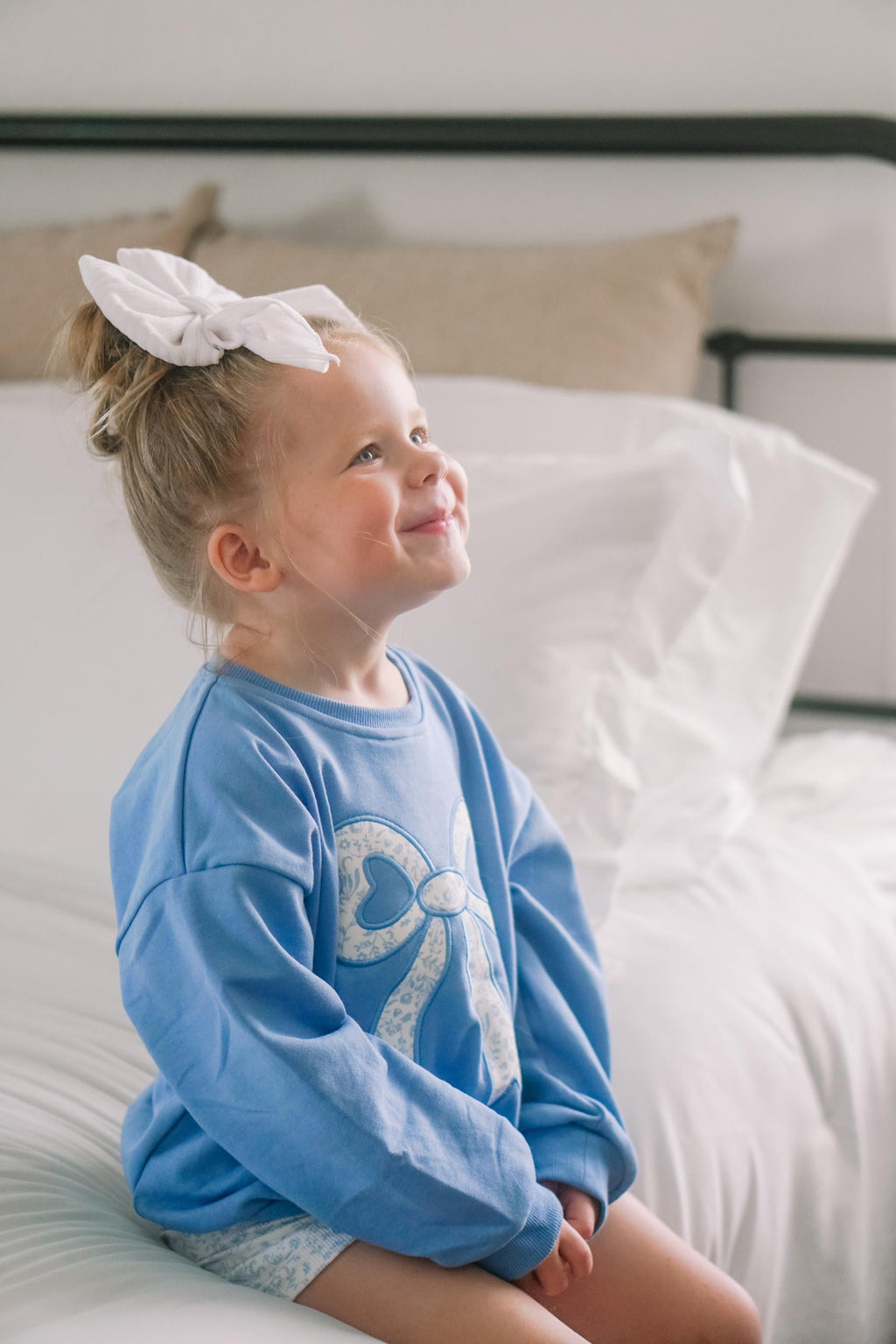 Blue Toile Applique Bow: Baby Sweatshirt Romper or Crewneck - P's One-Stop Shop 