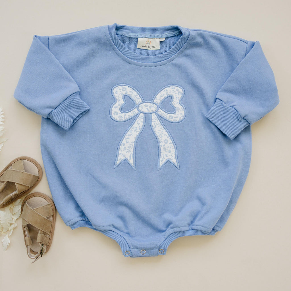 Blue Toile Applique Bow: Baby Sweatshirt Romper or Crewneck - P's One-Stop Shop 