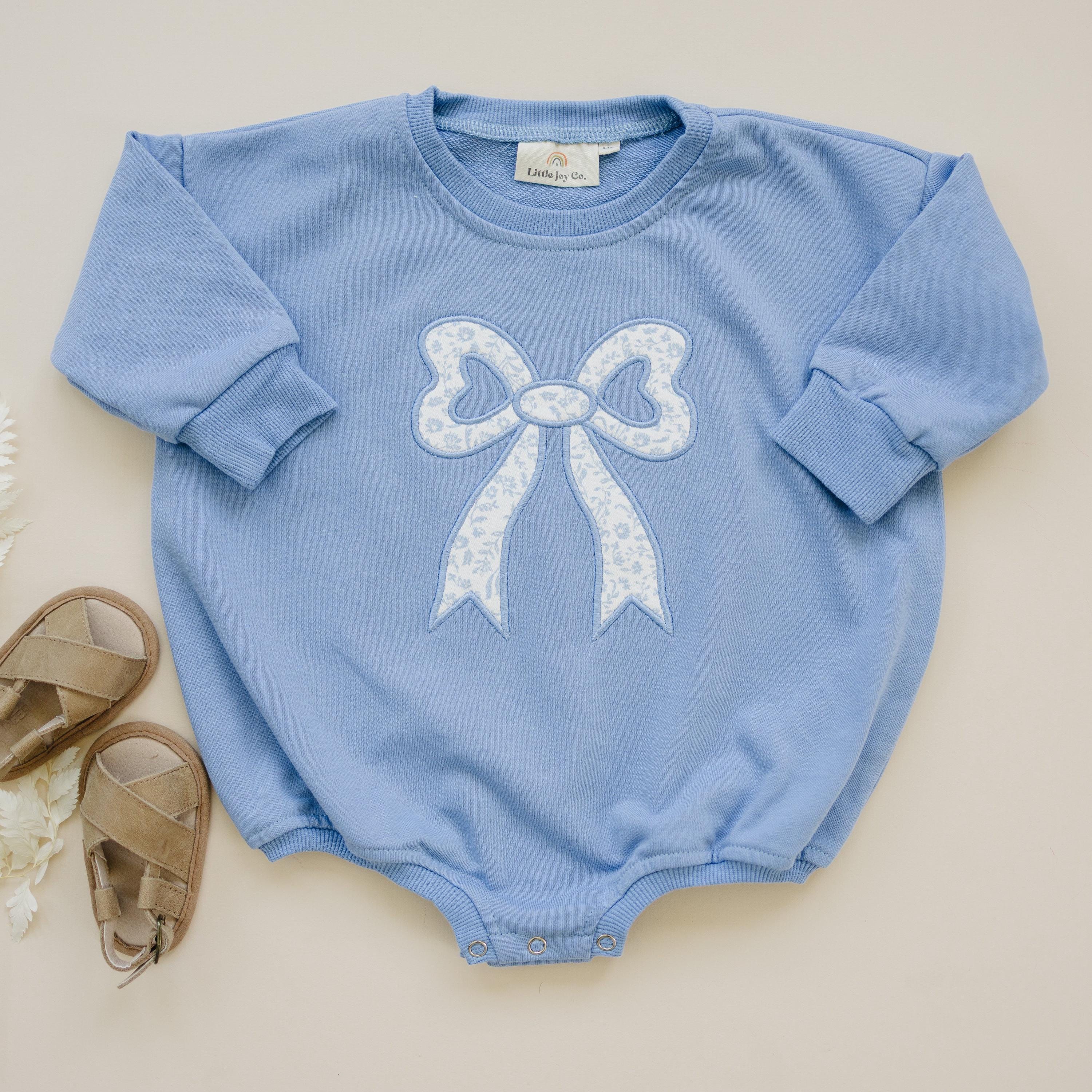 Blue Toile Applique Bow: Baby Sweatshirt Romper or Crewneck - P's One-Stop Shop 
