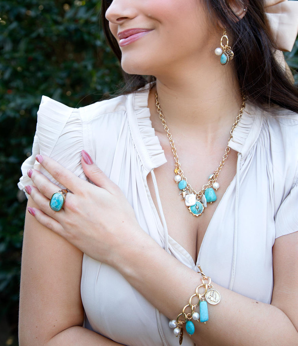 Blue Turquoise and White Pearl Multi Charm Golden Charm Earrings - P's One-Stop Shop 