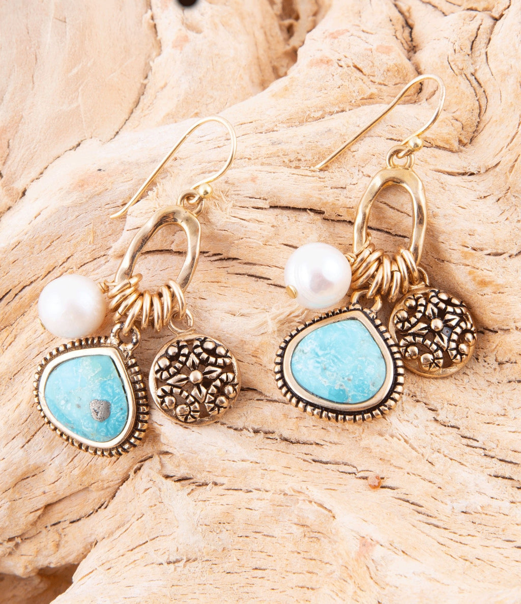 Blue Turquoise and White Pearl Multi Charm Golden Charm Earrings - P's One-Stop Shop 