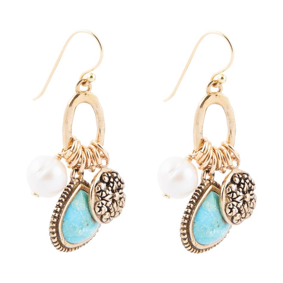 Blue Turquoise and White Pearl Multi Charm Golden Charm Earrings - P's One-Stop Shop 