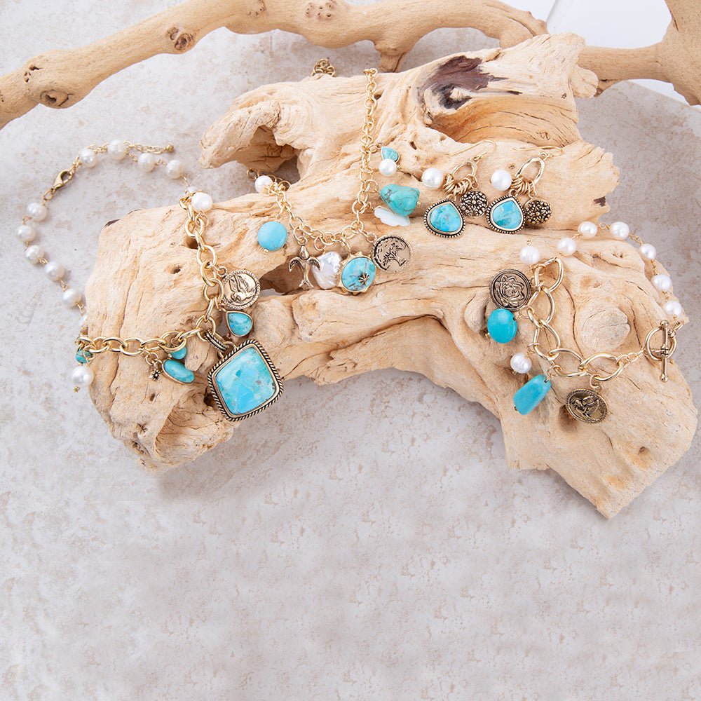 Blue Turquoise and White Pearl Multi Charm Golden Charm Earrings - P's One-Stop Shop 