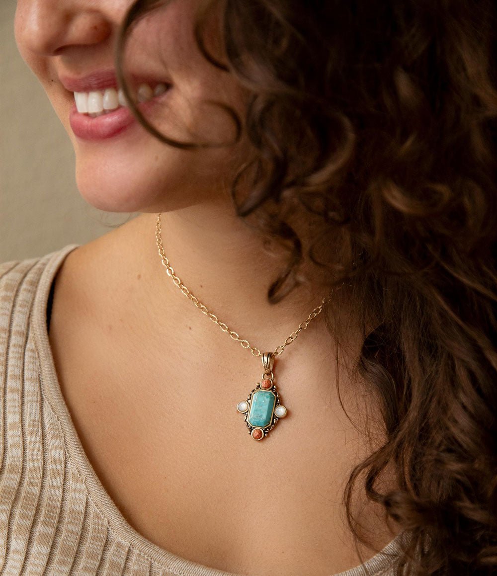 Champs Blue Turquoise and Orange Coral Golden Pendant Necklace - P's One-Stop Shop 