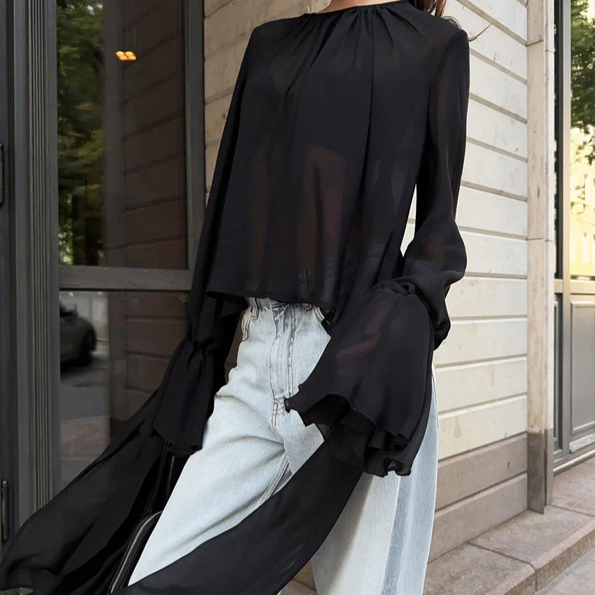 Chiffon Shirt Women Black Mesh Irregular Asymmetric Niche Design round Neck Ruffle Sleeve Long Sleeve Top - P's One-Stop Shop 