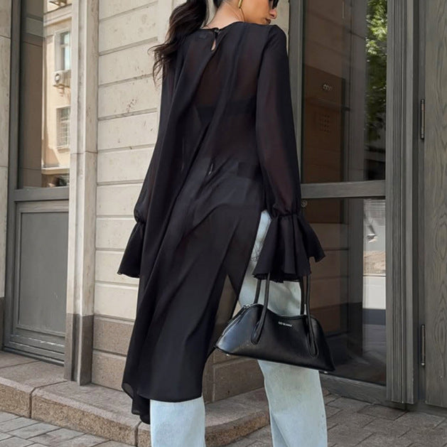 Chiffon Shirt Women Black Mesh Irregular Asymmetric Niche Design round Neck Ruffle Sleeve Long Sleeve Top - P's One-Stop Shop 