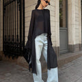 Chiffon Shirt Women Black Mesh Irregular Asymmetric Niche Design round Neck Ruffle Sleeve Long Sleeve Top - P's One-Stop Shop 