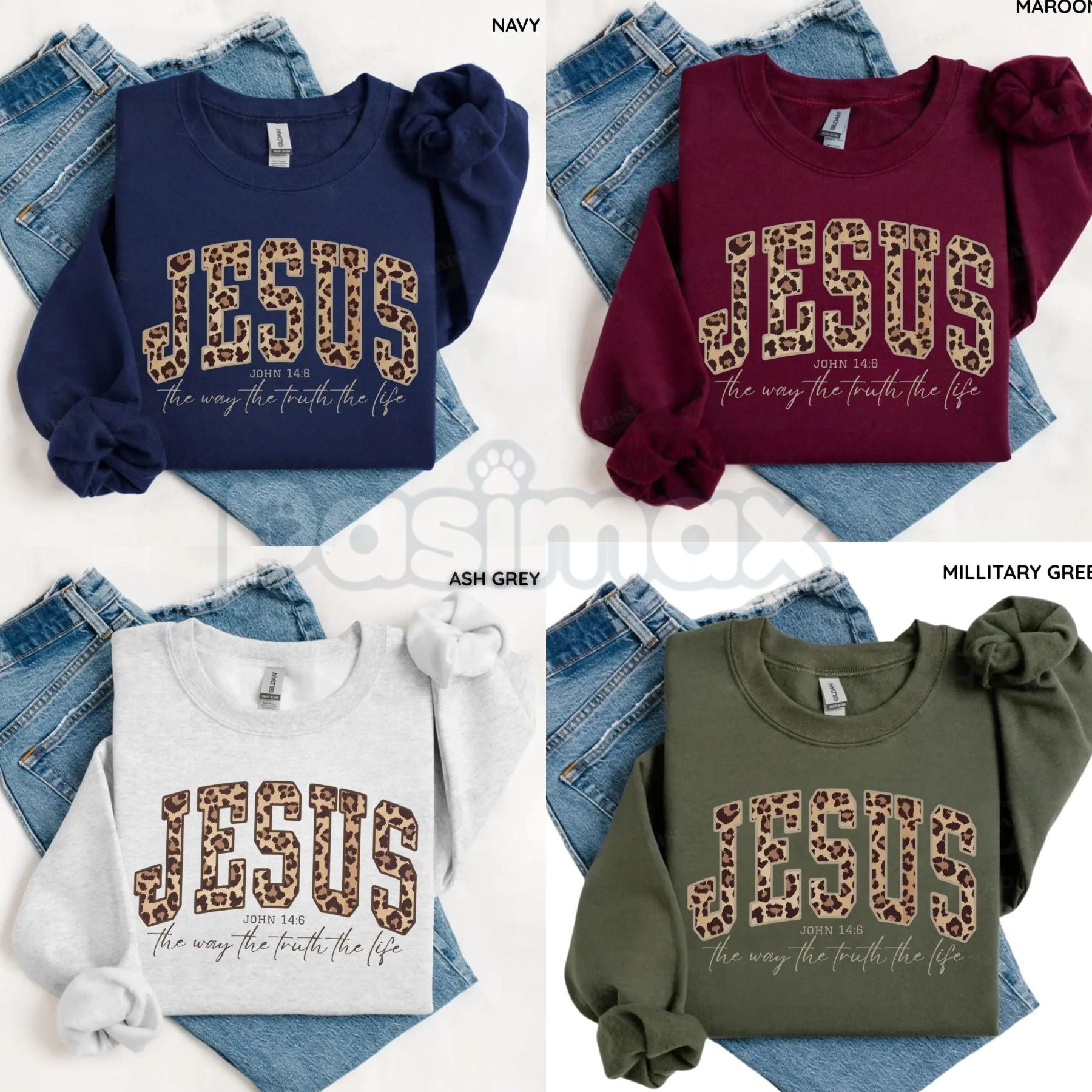 Christian Jesus Leopard Sweatshirt | Cheetah Print Faith Crewneck | Modern Bible Verse Shirt for Women - P's One-Stop Shop 