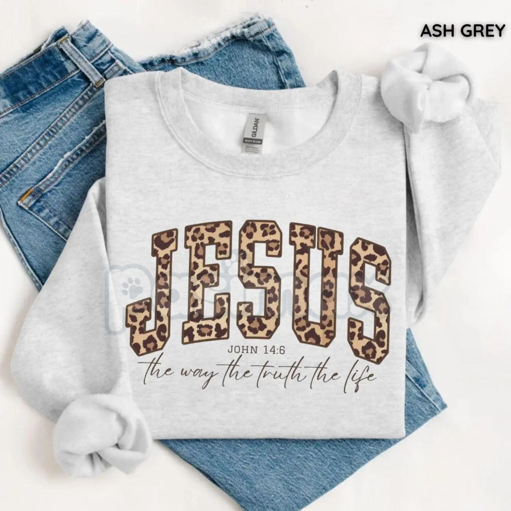 Christian Jesus Leopard Sweatshirt | Cheetah Print Faith Crewneck | Modern Bible Verse Shirt for Women - P's One-Stop Shop 