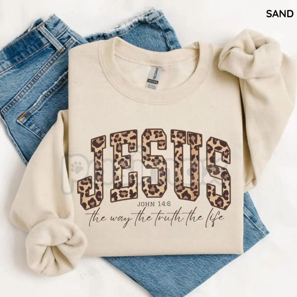 Christian Jesus Leopard Sweatshirt | Cheetah Print Faith Crewneck | Modern Bible Verse Shirt for Women - P's One-Stop Shop 