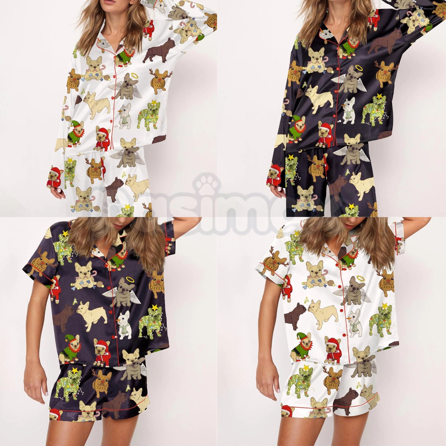 Christmas French Bulldog Satin Pajama Set for Women - Comfy Silky Sleepwear & Loungewear PJs - P's One-Stop Shop 