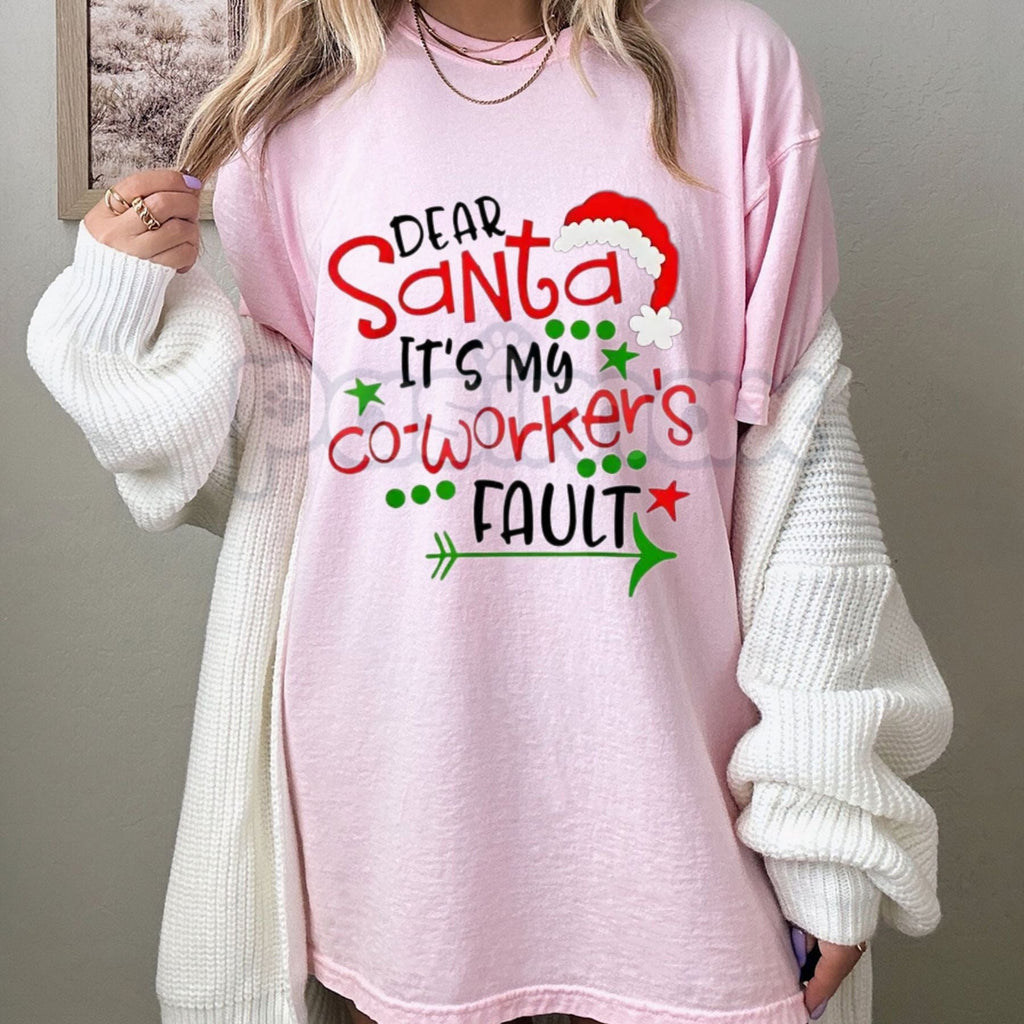 "Dear Santa It's My Coworker's Fault" T-Shirt - Funny Office Christmas Gift Women Plus Size, Santa Hat Print Holiday Tee, Workplace Humor Apparel - P's One-Stop Shop 