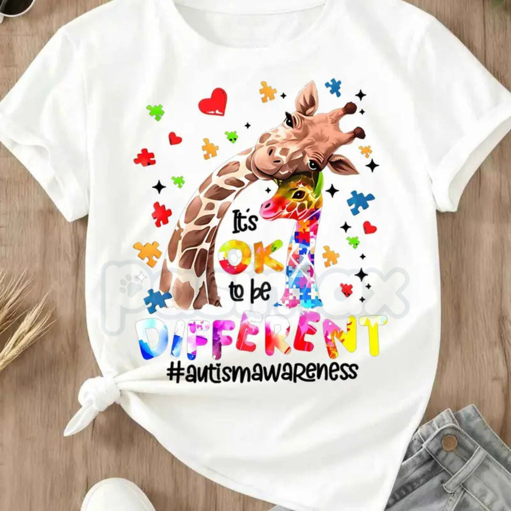 "Different is Beautiful" Artistic Giraffe T-Shirt – Autism Awareness Hearts & Puzzle Print, Premium 100% Cotton Neurodiversity Top, Soft Lived-In Heavyweight Women's Advocacy Wear, Made in USA - P's One-Stop Shop 