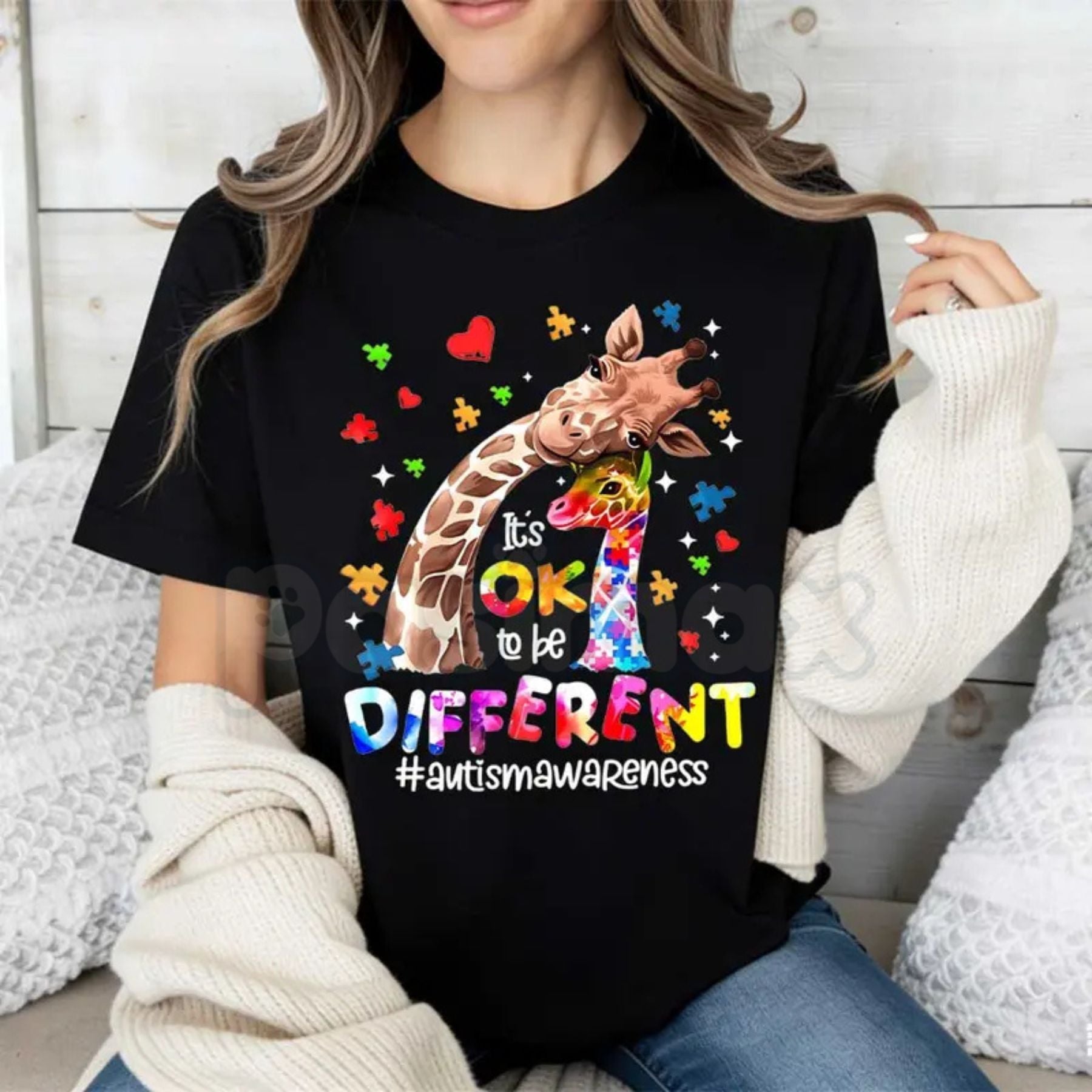 "Different is Beautiful" Artistic Giraffe T-Shirt – Autism Awareness Hearts & Puzzle Print, Premium 100% Cotton Neurodiversity Top, Soft Lived-In Heavyweight Women's Advocacy Wear, Made in USA - P's One-Stop Shop 