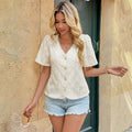 Elegant Graceful Lace Stitching Lace V neck Short Sleeved Jacquard Shirt Women - P's One-Stop Shop 
