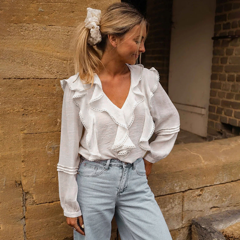 Fall French Pastoral Top Lace Ruffled V neck White Shirt Women - P's One-Stop Shop 