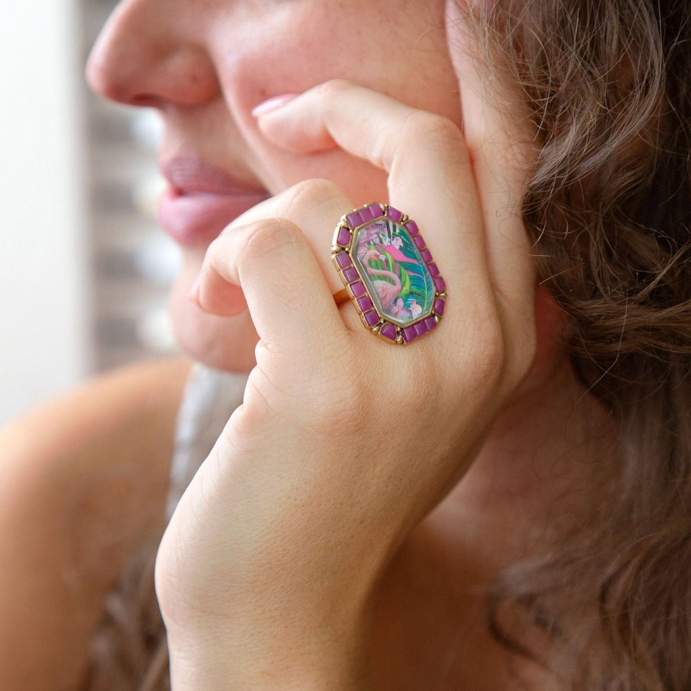 Flamingo Pink Agate Golden Statement Ring - P's One-Stop Shop 