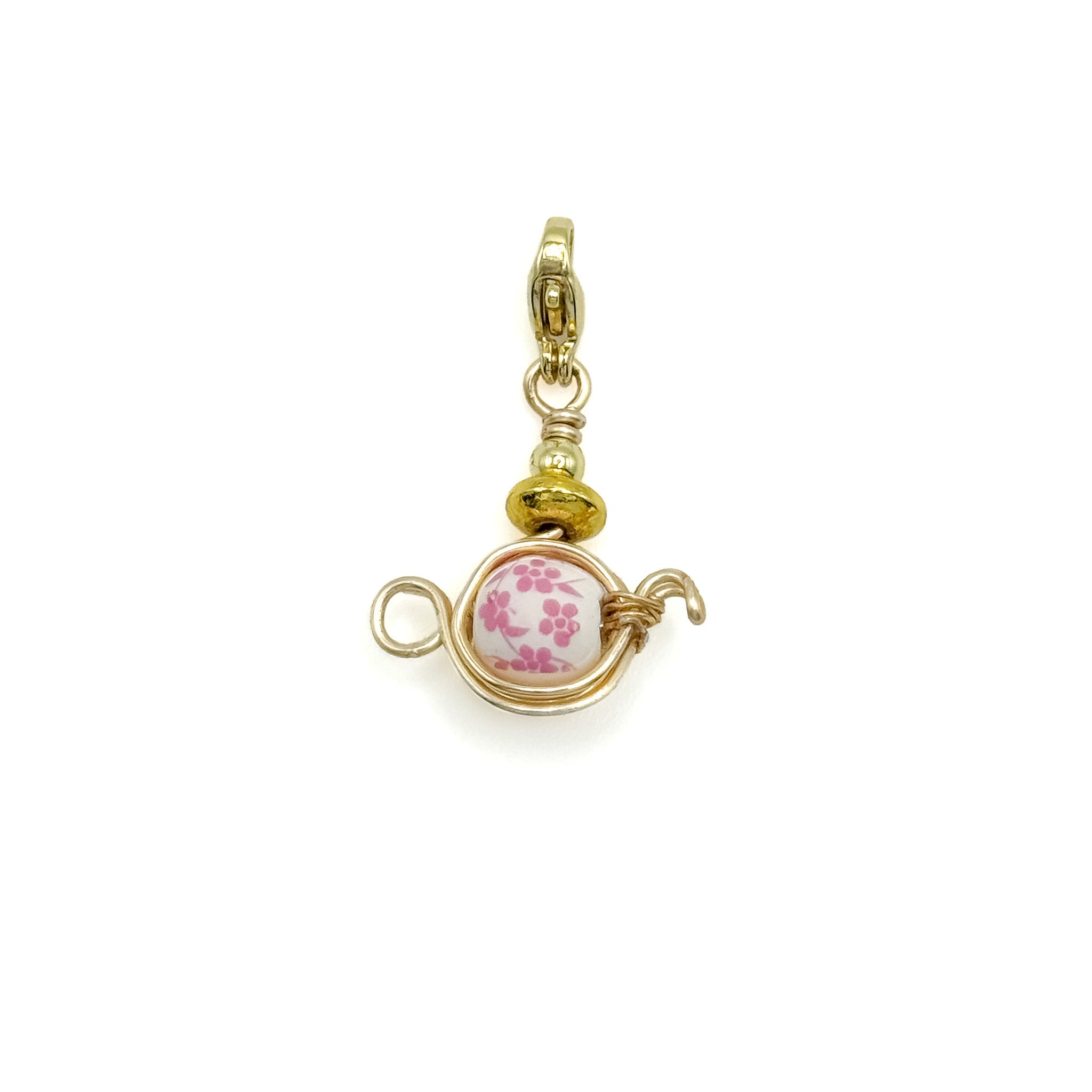 Gold-Accent White Ceramic Teapot Charm with Pink Floral Design - P's One-Stop Shop 