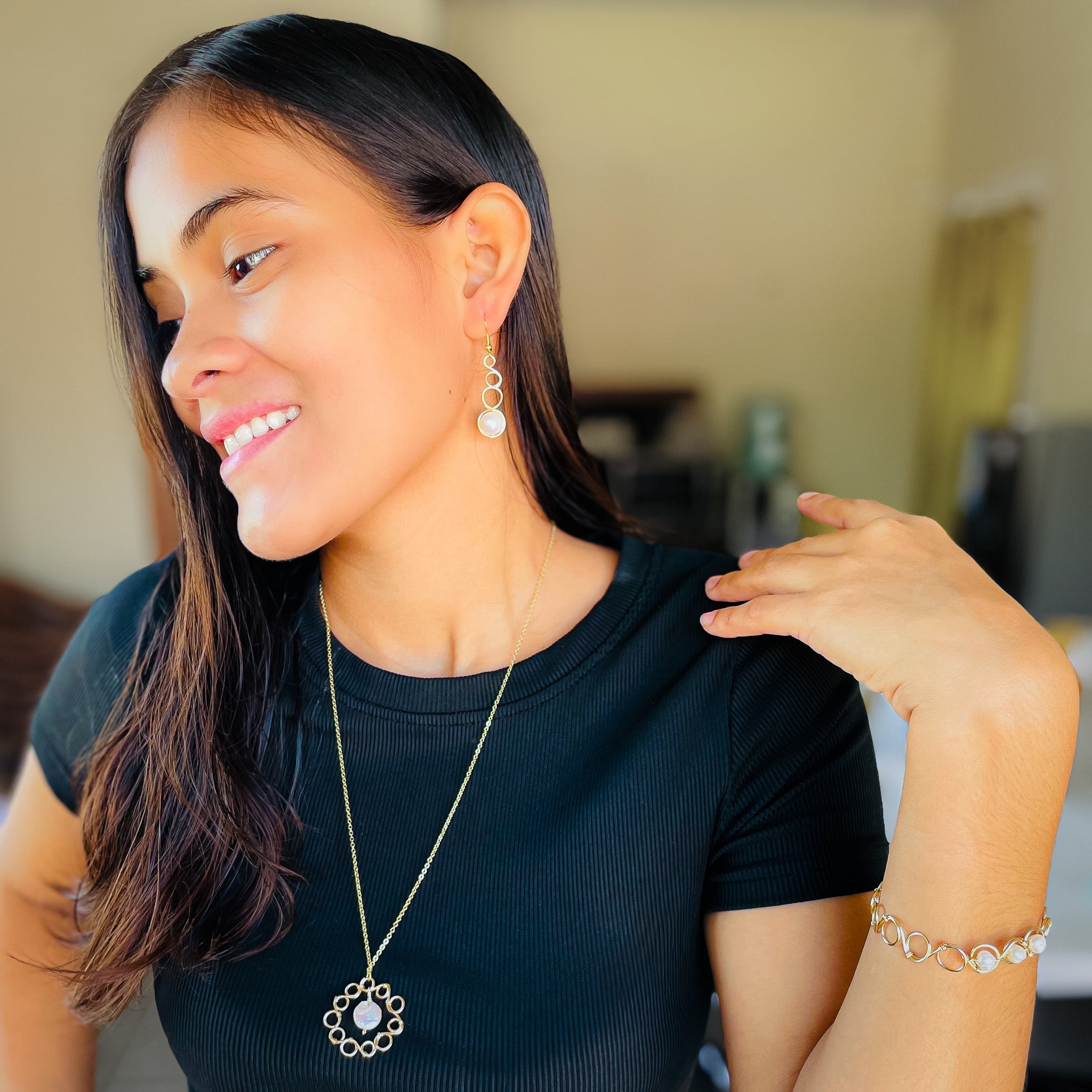 Golden Harmony Freshwater Pearl Drop Earrings - P's One-Stop Shop 