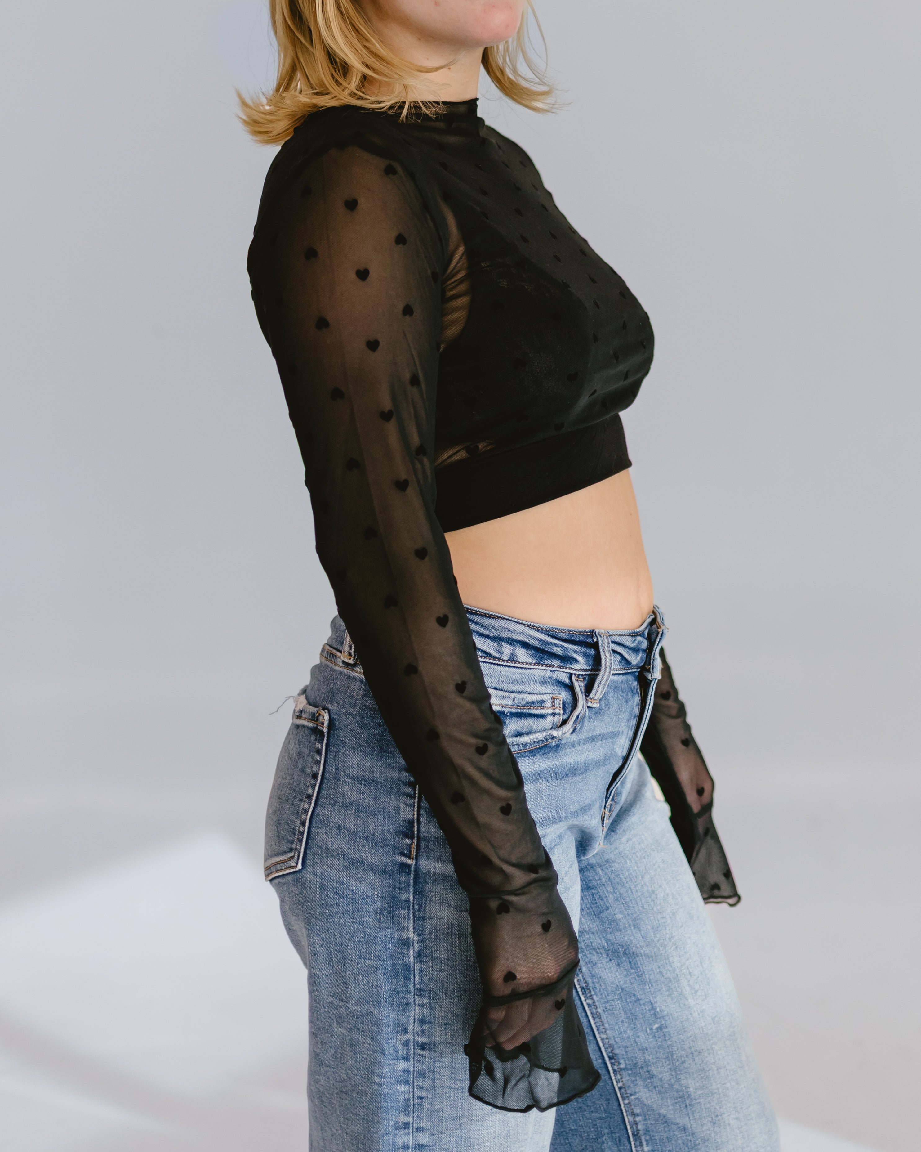 Heart Mesh Mock Neck Halftee - P's One-Stop Shop 
