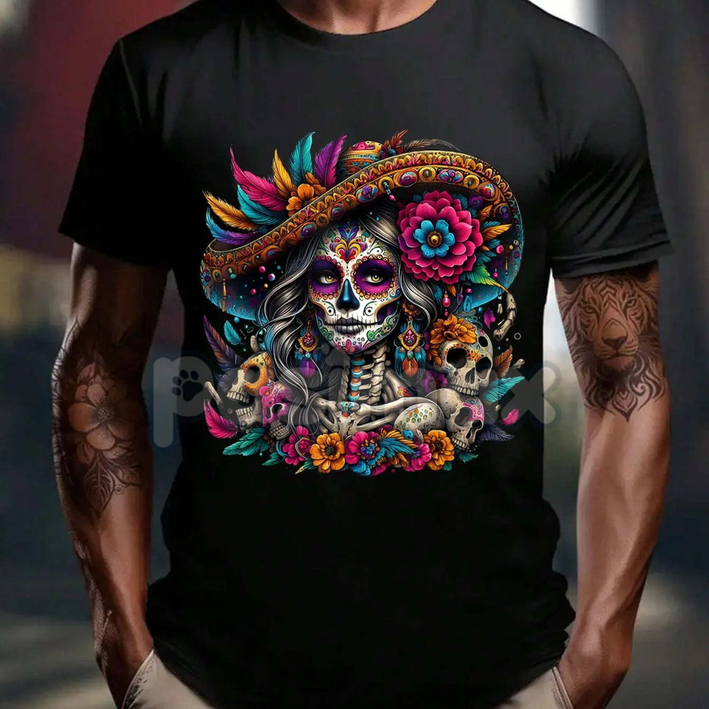 La Catrina T-Shirt - Unisex Día de Muertos Sugar Skull Tee, Elegant Day of the Dead Women's Graphic - P's One-Stop Shop 