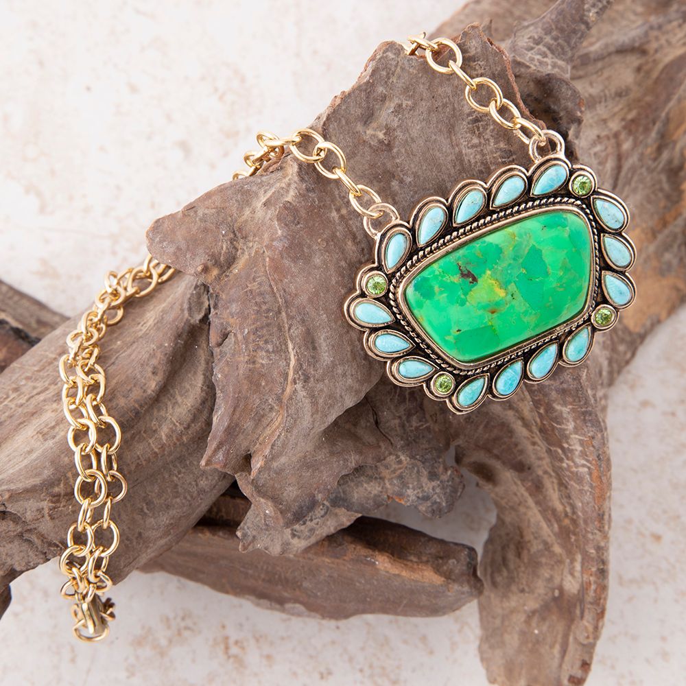 Legacy Lime Green and Blue Turquoise Golden Pendant Necklace - P's One-Stop Shop 