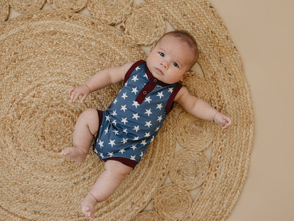 Navy Stars Henley Bamboo Romper - P's One-Stop Shop 