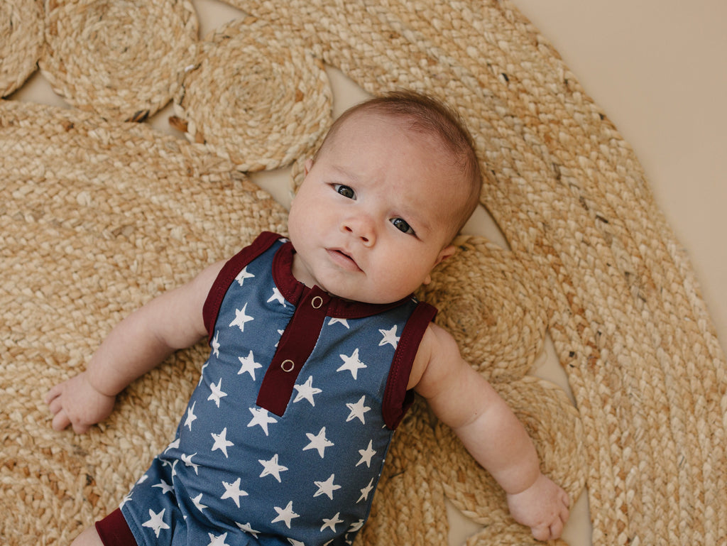 Navy Stars Henley Bamboo Romper - P's One-Stop Shop 