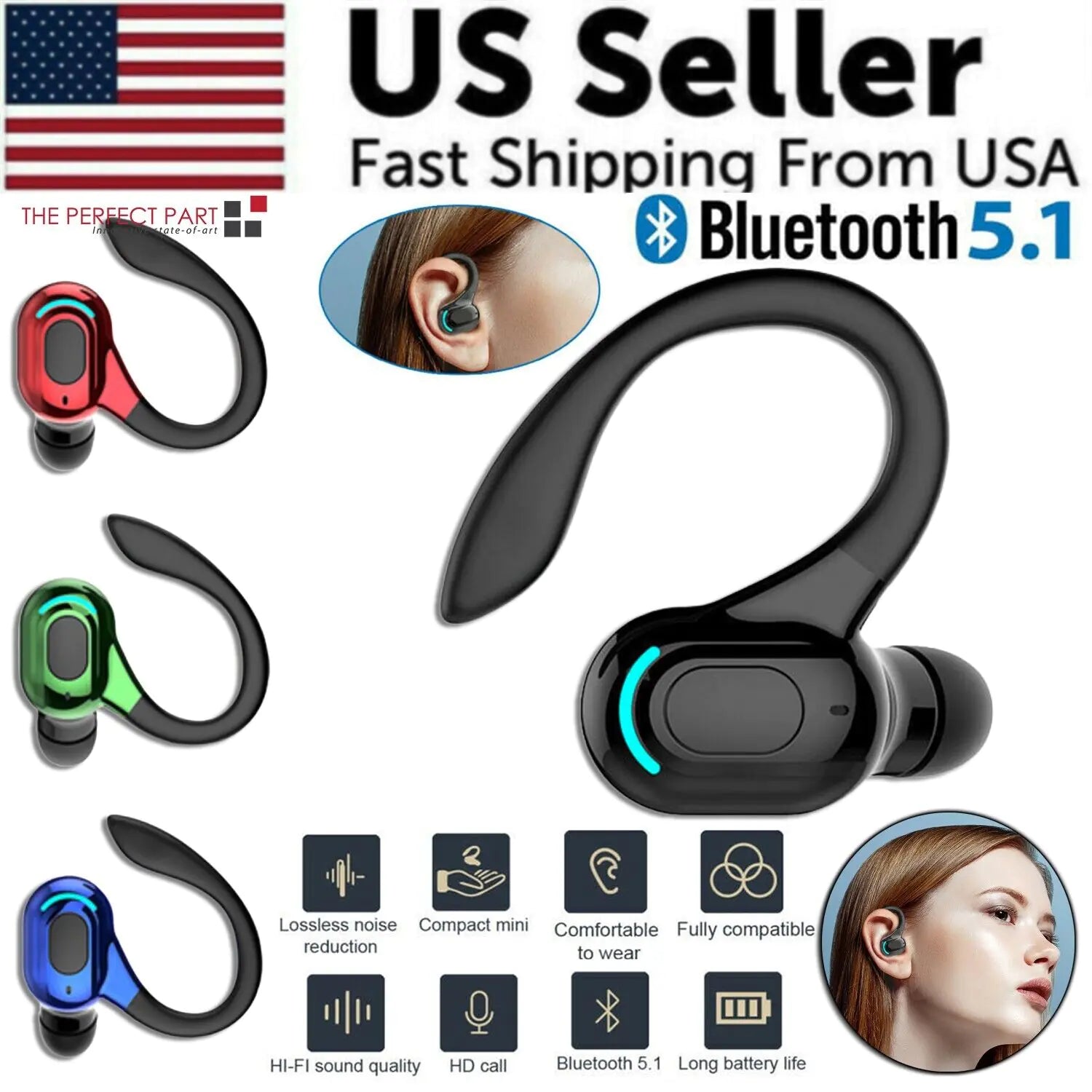 New Bluetooth 5.1 Headset Wireless Earbuds Earphones Stereo Headphones Ear Hook - P's One-Stop Shop 