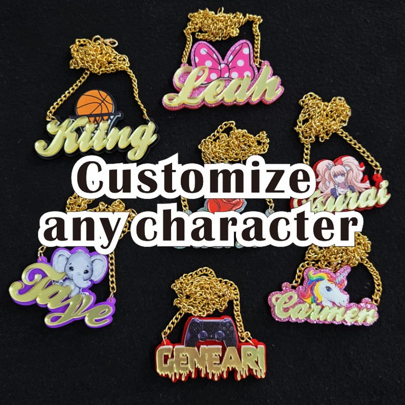 Personalised Kids Pendants acrylic Any Cartoon Character Nameplate Necklaces - P's One-Stop Shop 