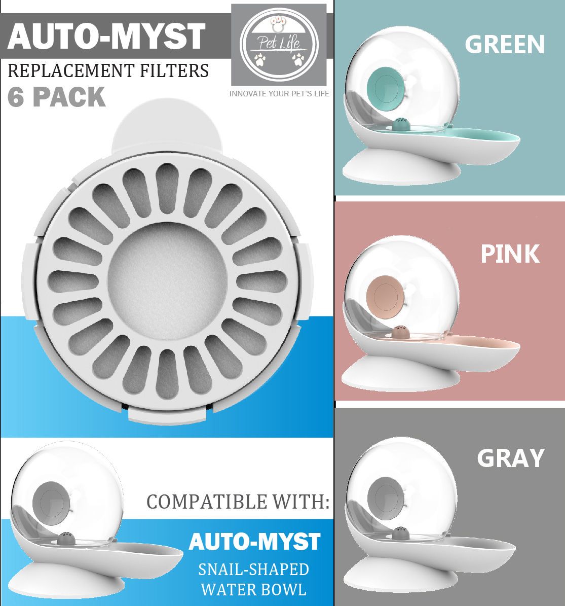 Pet Life ® 'Auto-Myst' 2-in-1 Filtered Water Dispenser and Food Bowl - Replacement Filters - 6 Pack - P's One-Stop Shop 