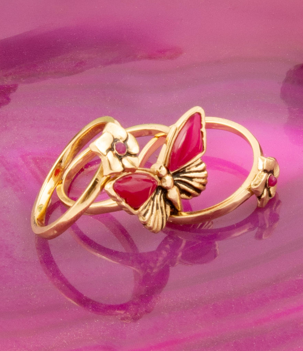 Pink Fuchsia Agate Golden Butterflies Triple Ring Set - P's One-Stop Shop 
