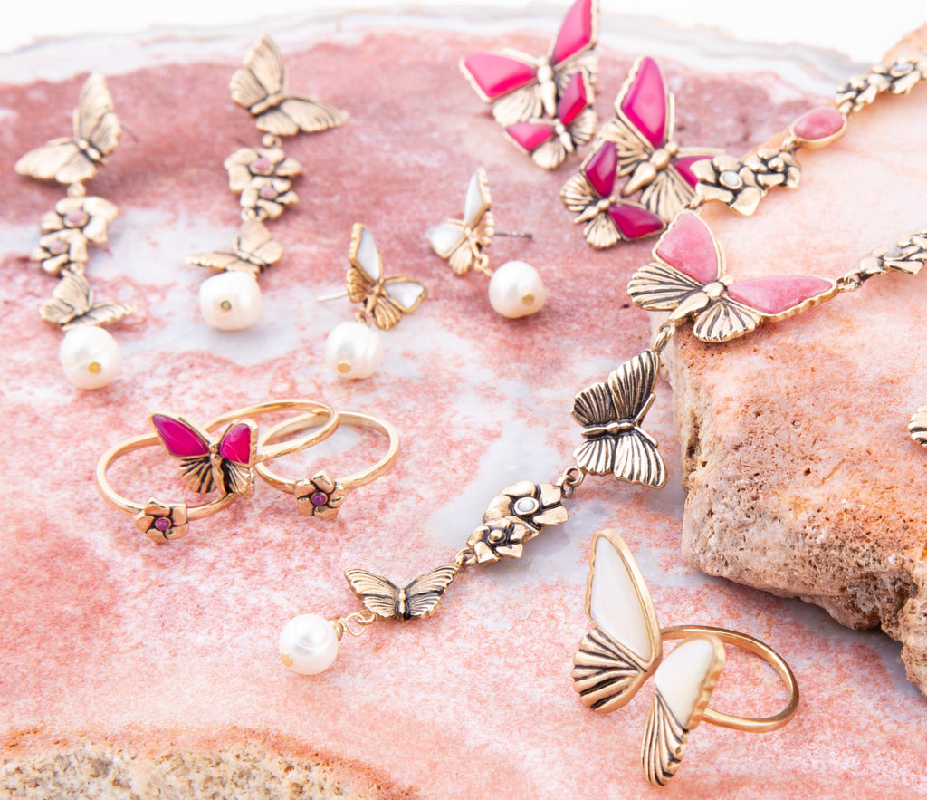 Pink Fuchsia Agate Golden Butterflies Triple Ring Set - P's One-Stop Shop 