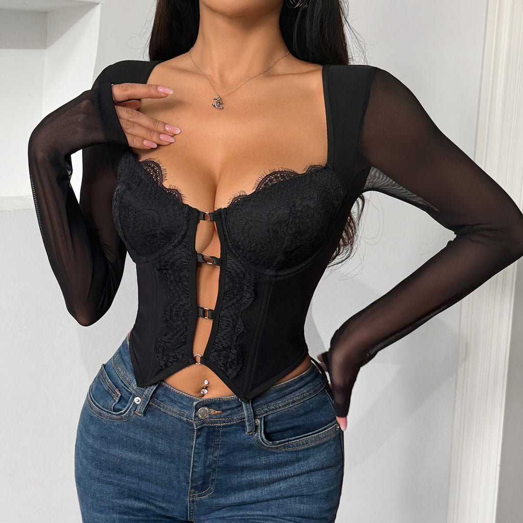Sexy Street Shooting Hollow Out Cutout Metal Decorative Long Sleeved T shirt Steel Ring Boning Corset Slim Fit Push up Tops - P's One-Stop Shop 