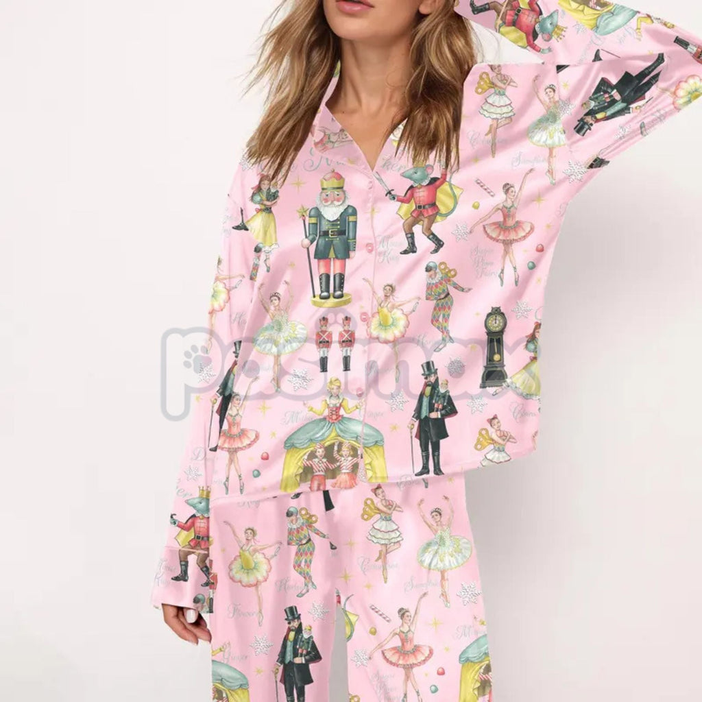 Silky Nutcracker Christmas Pajama Set for Women - Elegant Ballet Print Loungewear & Holiday Sleepwear - P's One-Stop Shop 