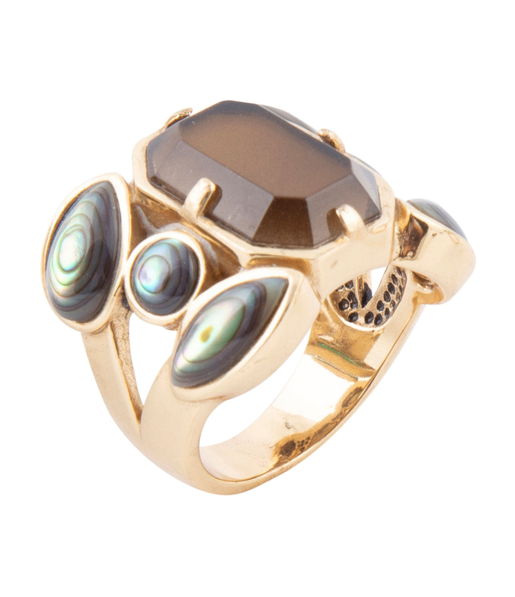 Tribecca Smoky Brown Quartz and Abalone Statement Golden Ring - P's One-Stop Shop 