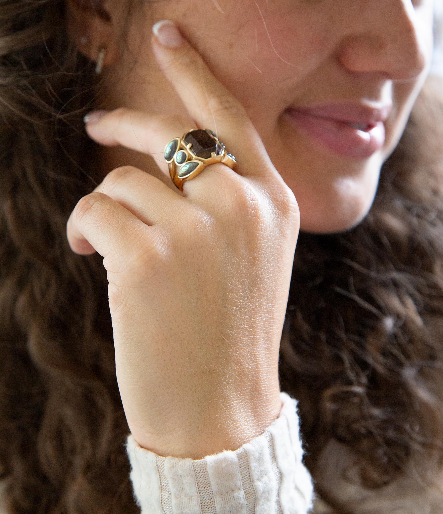 Tribecca Smoky Brown Quartz and Abalone Statement Golden Ring - P's One-Stop Shop 