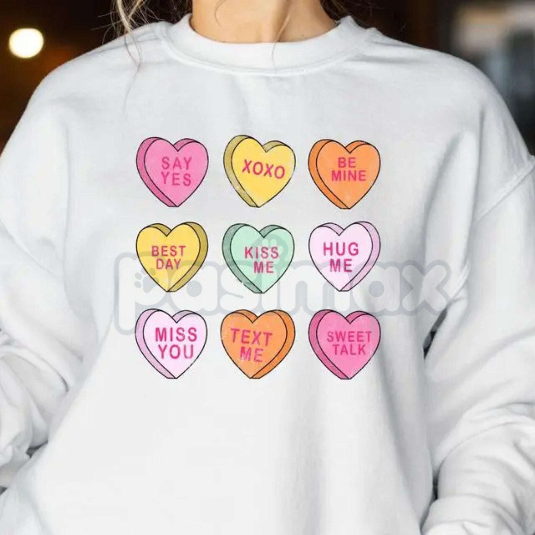 Valentine’s Day Conversation Hearts Sweatshirt | Cute Pastel Heart Shirt | Cozy Valentines Crewneck for Women | Romantic Gift for Her | Trendy Holiday Outfit - P's One-Stop Shop 