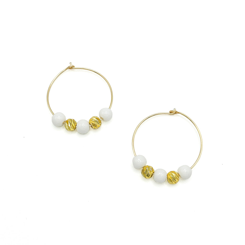 White Jade & Gold Plated Bead Hoop Earrings - P's One-Stop Shop 
