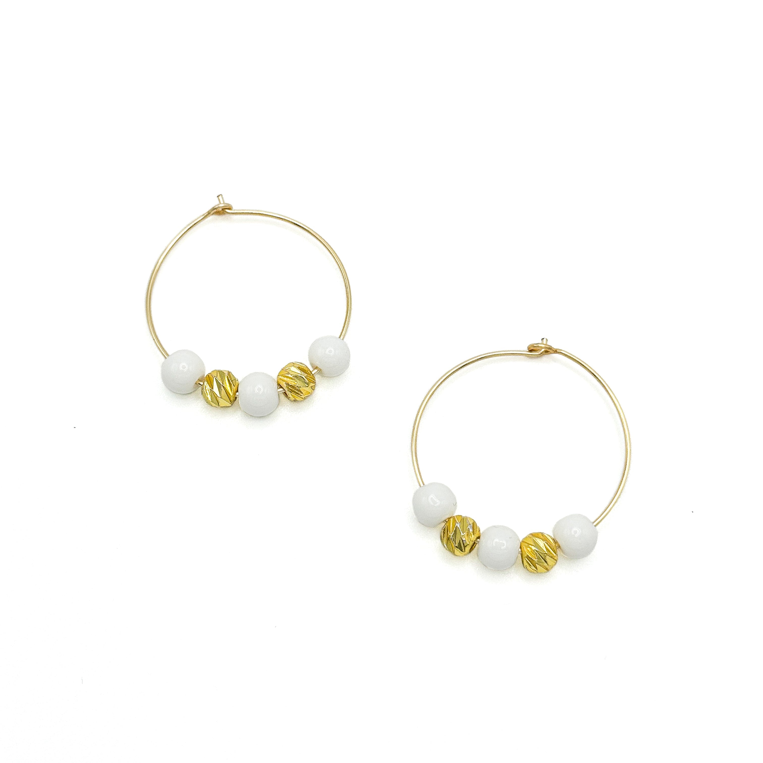 White Jade & Gold Plated Bead Hoop Earrings - P's One-Stop Shop 