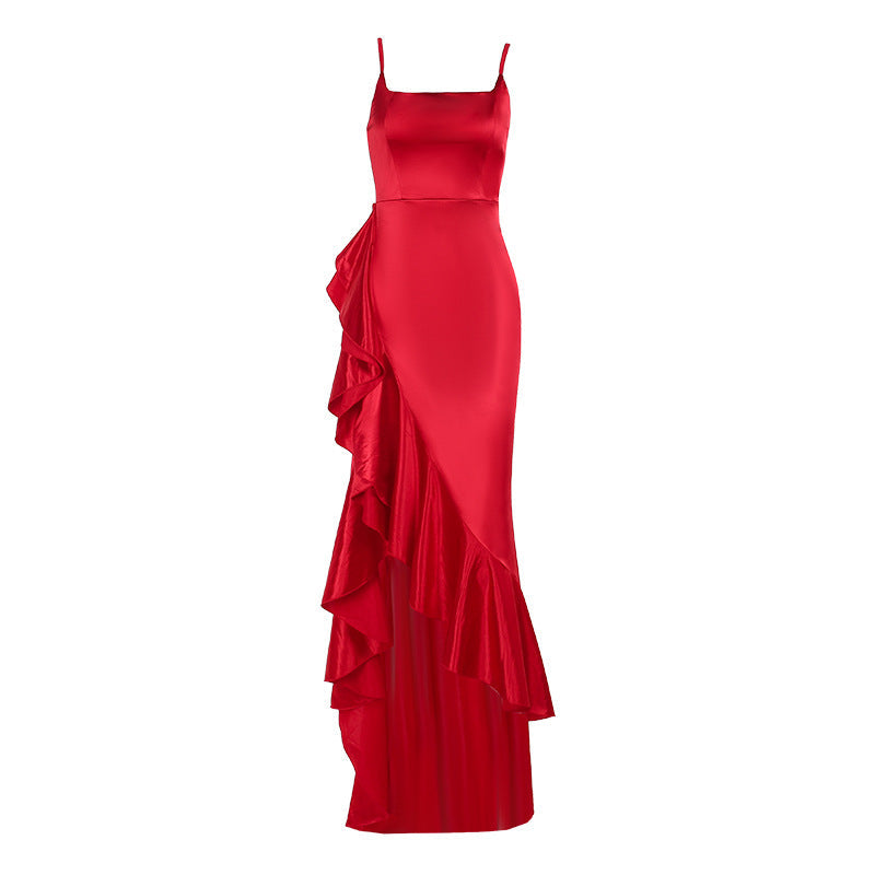 Women Autumn Slit Sexy Spaghetti Strap Ruffle Dress - P's One-Stop Shop 