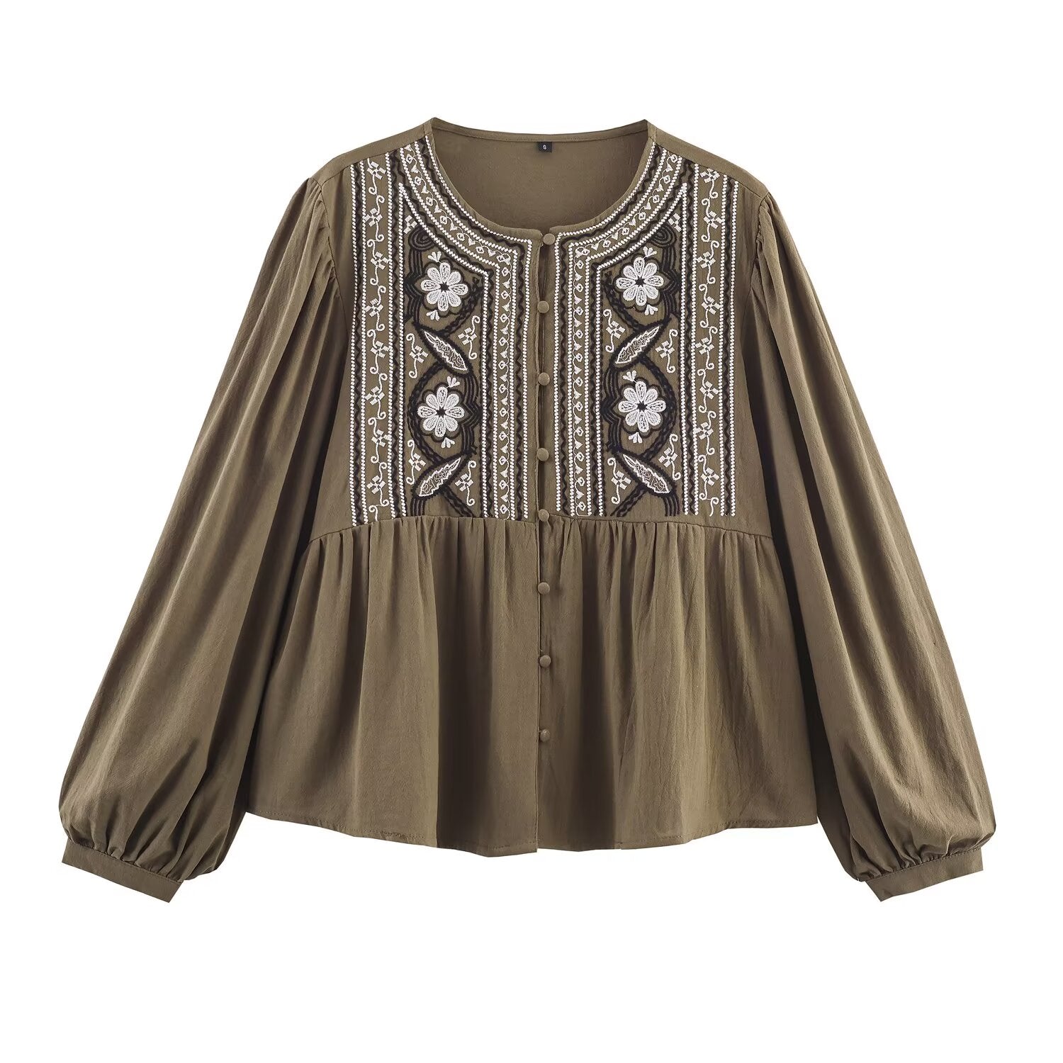 Women Clothing Autumn Artistic Ethnic Chest Embroidered round Neck Shirt - P's One-Stop Shop 